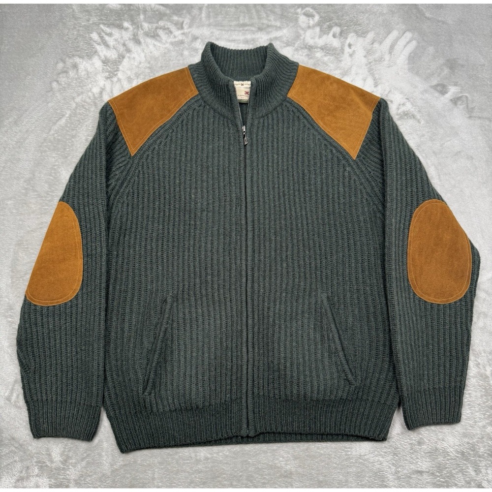 Vintage Carraig Donn Sweater Jacket Mens Medium Green Wool Knit Zip Leather 90s